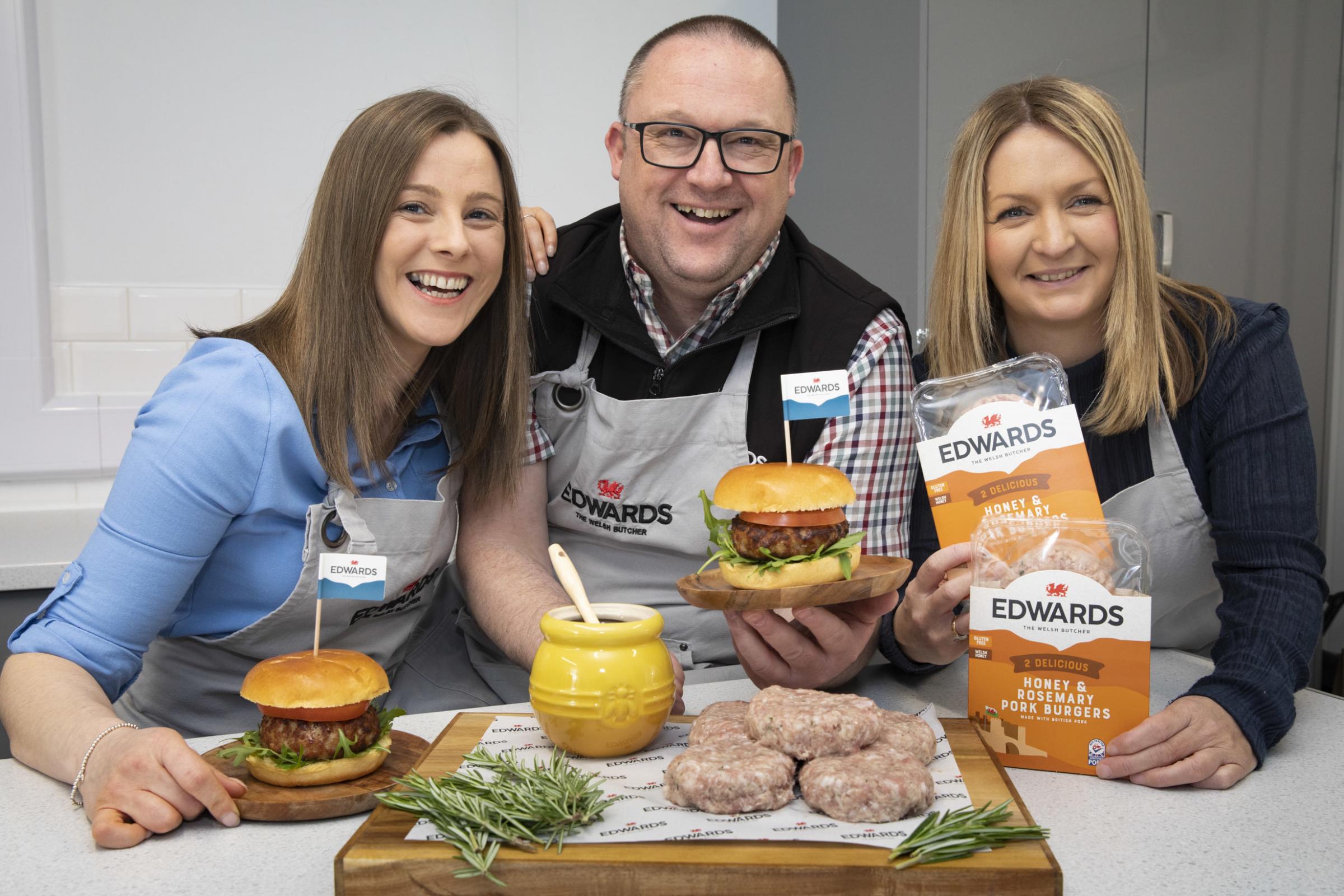 Edwards Of Conwy; THE best burger for this years BBQ has just been revealed – and it isnt Beef….its honey and rosemary pork burger ; Laura Jones, Jon Owen and Natalie Bestwick of Edwards . Picture Mandy Jones